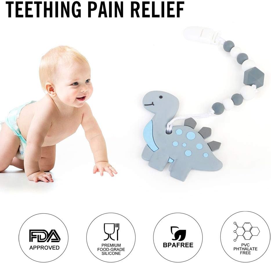 Baby Dinosaur Teething Toys, BPA Free Food Grade Silicone Teether with Pacifier Clip, Highly Effective Pain Relief for Boy and Girl, Freezer Safe Teething Egg (Gray) : Baby