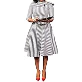 VERWIN Three Quarters Sleeve Knee-Length Pullover Plaid Women's Retro Dress Midi Dress