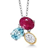 925 Silver and 10K Yellow Gold Red Ruby Blue Zircon and White Moissanite Pendant Necklace For Women (3.35 Cttw, Oval 8X6MM, 7X5MM and 6X4MM, Gemstone July Birthstone, with 18 Inch Chain)