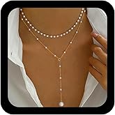 Ximdble Vintage Pearl Y Lariat Necklace Boho Pearl Drop Y Necklace Layered Pearl Choker Necklace Wedding Pearl Pendant Necklace Long Pearl Chain Necklace for Women