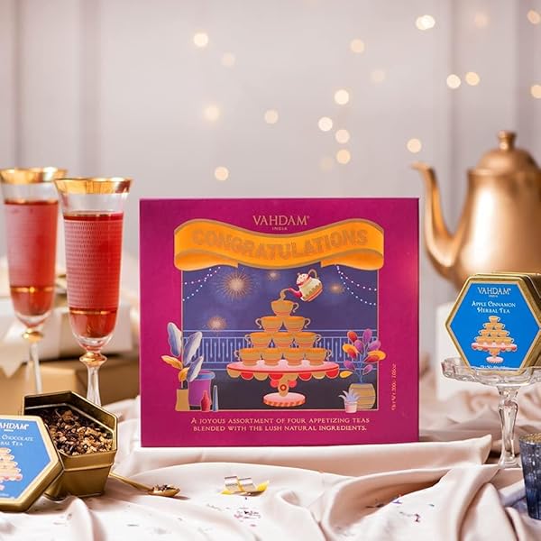 VAHDAM, CONGRATULATIONS ASSORTED TEA GIFT SETS FOR TEA LOVERS (7.05OZ/100+ CUPS) 4 LOOSE LEAF TEA – GREEN TEA, HERBAL TEA | GLUTEN FREE, NON GMO | GIFTS FOR WOMEN, GIFTS FOR MEN, GIFTS FOR HIM/HER