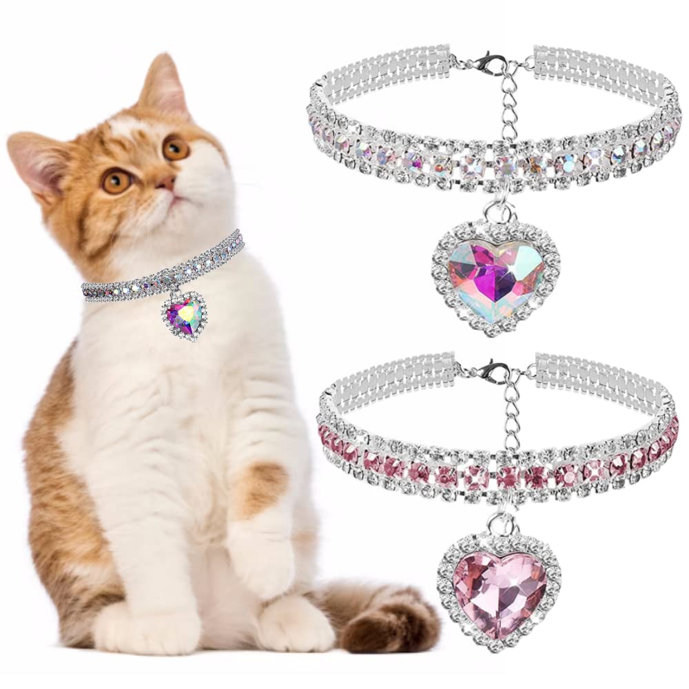 2 Pack Diamond Collar for Cat Bling Pet Dog Collar Fashion Crystal Diamond Adjustable Rhinestone Cat Necklace Cat Collars for Puppy Kitten (Heart,S)