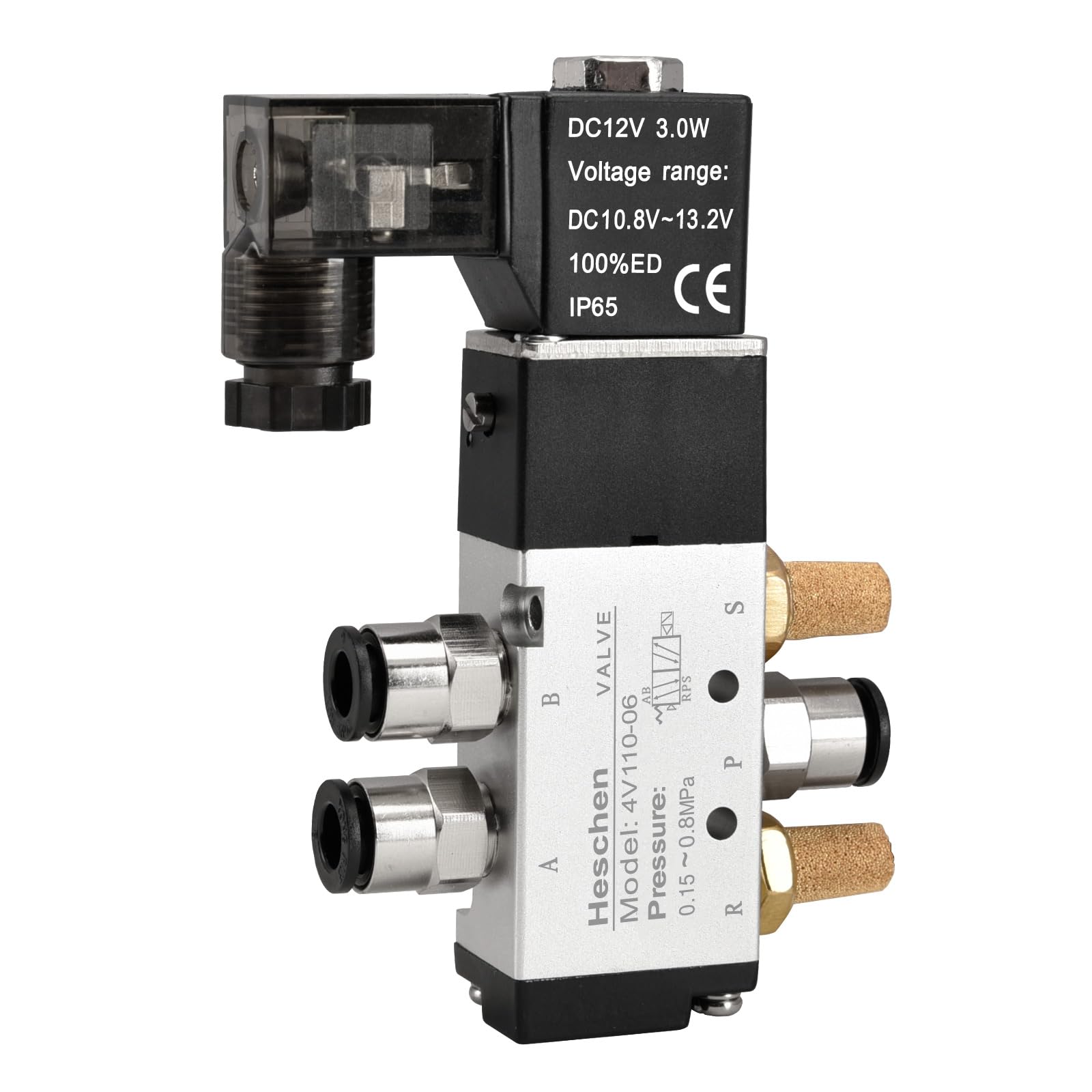 Heschen Electrical Pneumatic Solenoid Valve 4V110-06 24VDC PT1/8 5 Way 2 Position Single Coil Pilot-Operated Electric CE with Fittings and Muffler (24VDC)