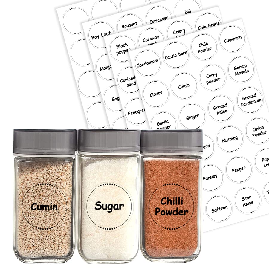 Packwith Pack of 96 Clear Kitchen Labels (30 mm) Waterproof Spice Jar Stickers Herbs, Seasoning Spice Jar Labels Pre Printed Pantry Labels for Kitchen Storage