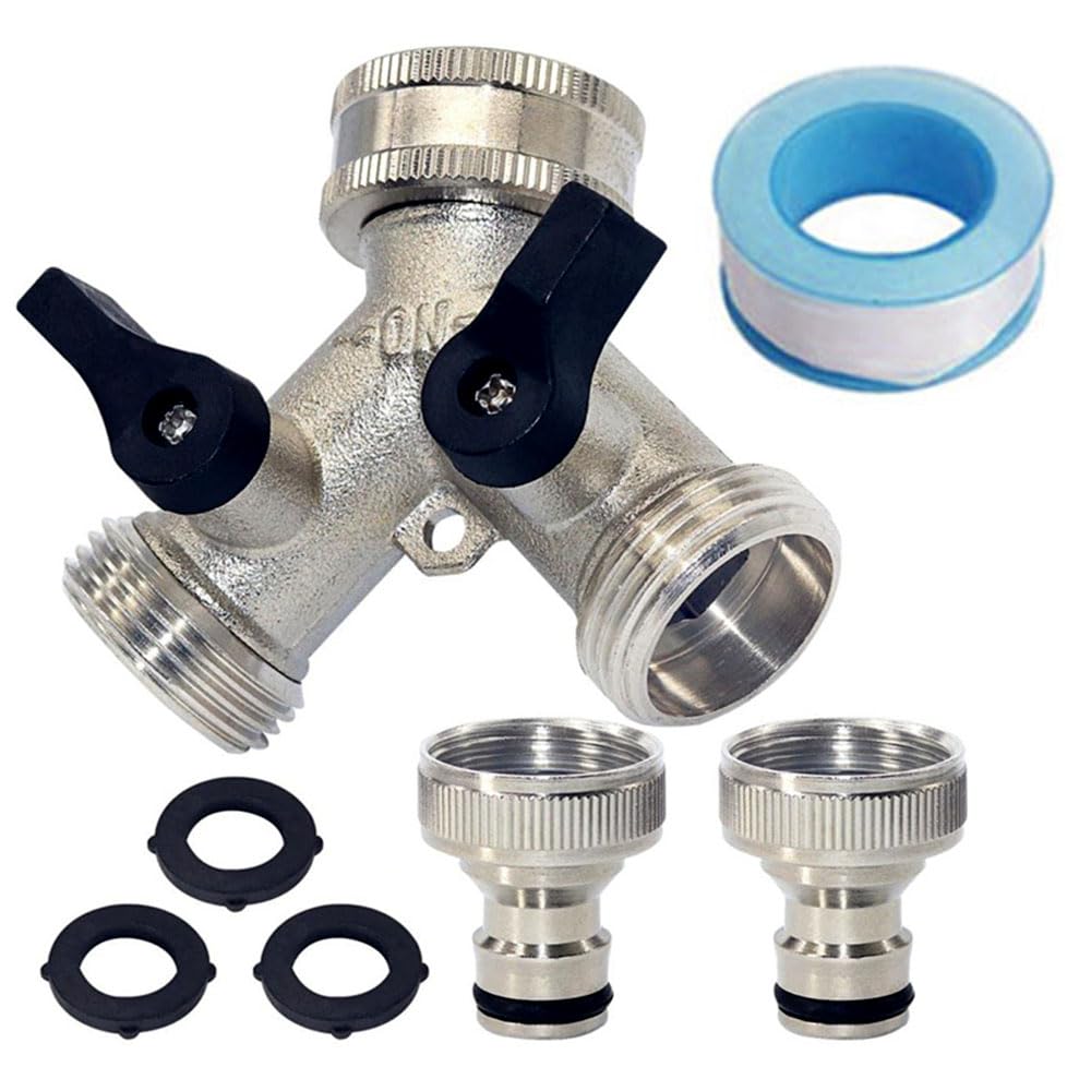 2 Way Garden Hose Splitter, Nickel Plated Brass Tap Connector Individual On/Off Y Valve with 3/4" Female Adapter for Washing Machine, Dishwasher, Hose Distributor