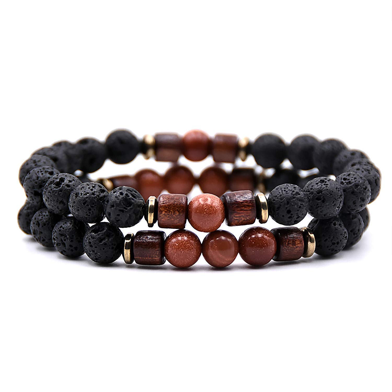 Leuchtbox Stylish lucky bracelet chain for men and women unisex natural lava stone volcanic stone natural stone wooden beads elastic band set of 2 brown