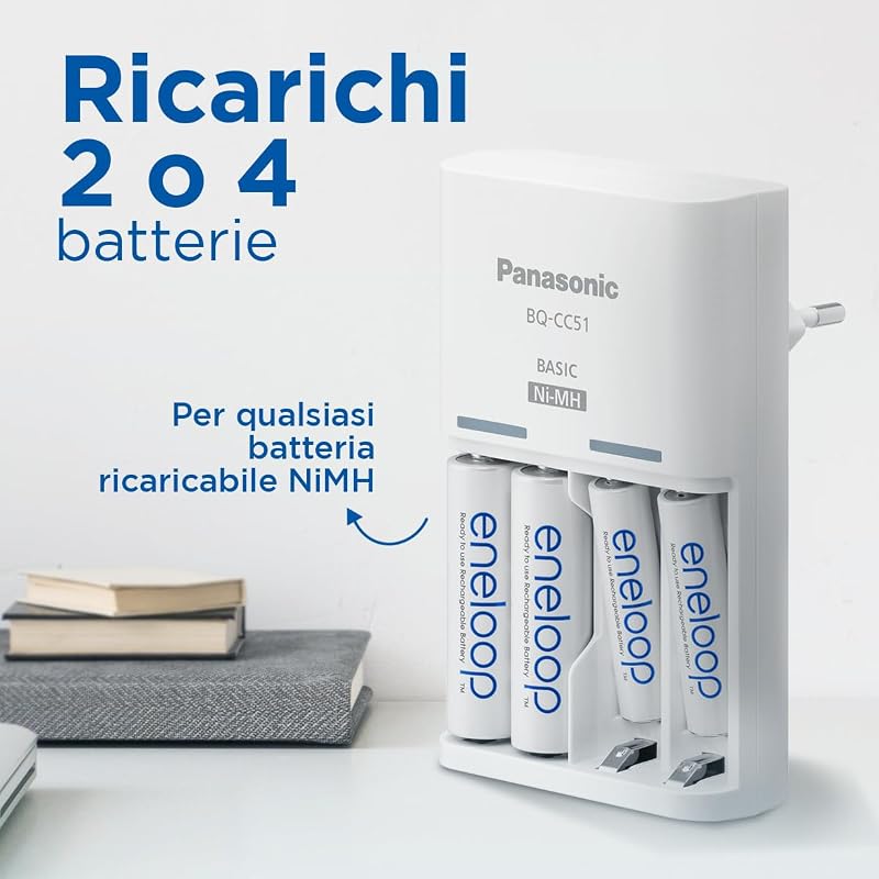 caricabatterie Basic per 2 o 4 batterie AA/AAA Ni-MH, Nuove funzioni di sicurezza comprese 4 batterie eneloop AAA/Micro con capacità aggiornata, con 6 funzioni di sicurezza