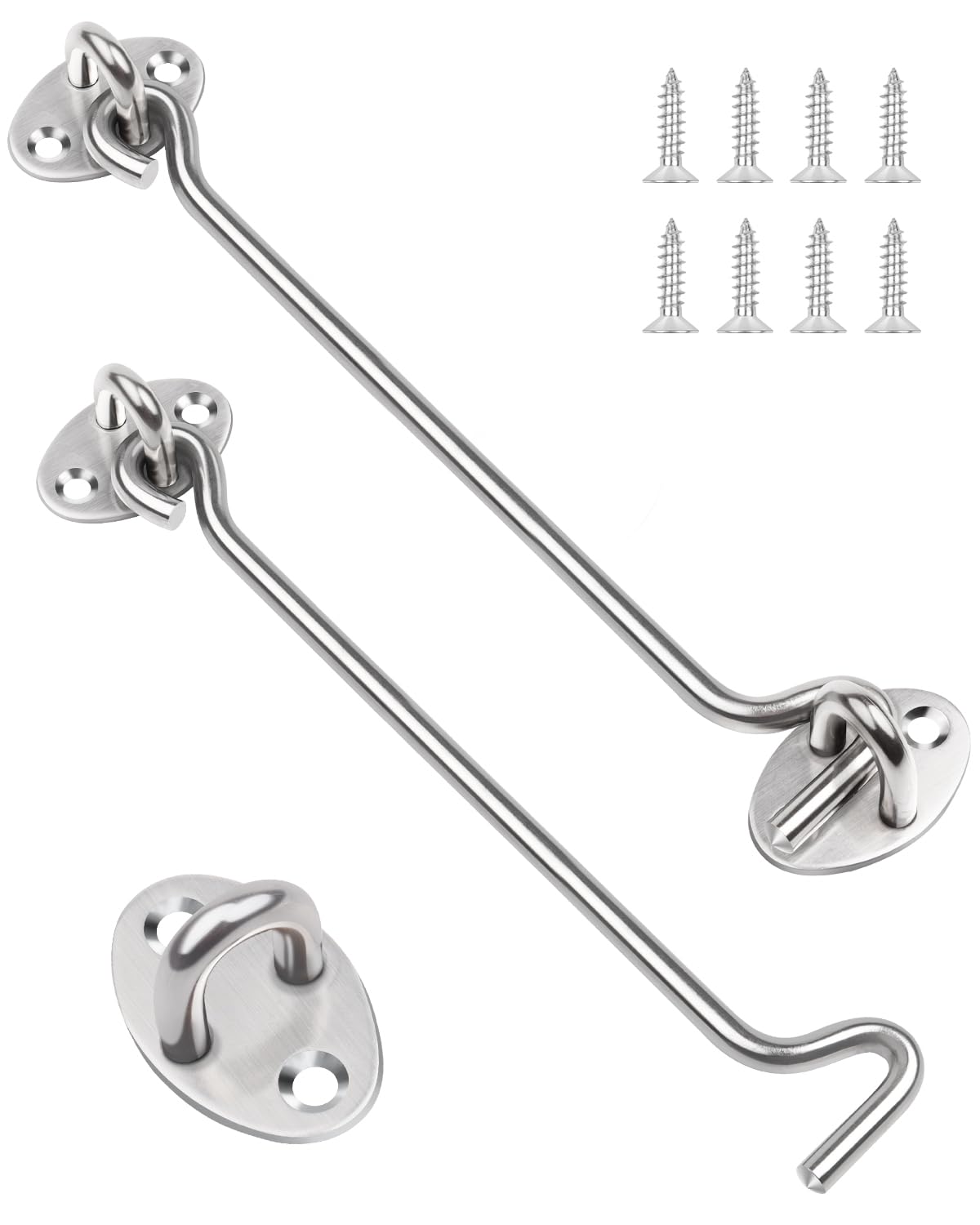 8 Inch Hook and Eye Latch, Leryati 2Pcs 200mm Silver Gate Hook Stainless Steel Cabin Hooks, Eye Latch Door Lock Hooks Lock, Apply to Wooden Gates, Window Brace Gate Door Catch
