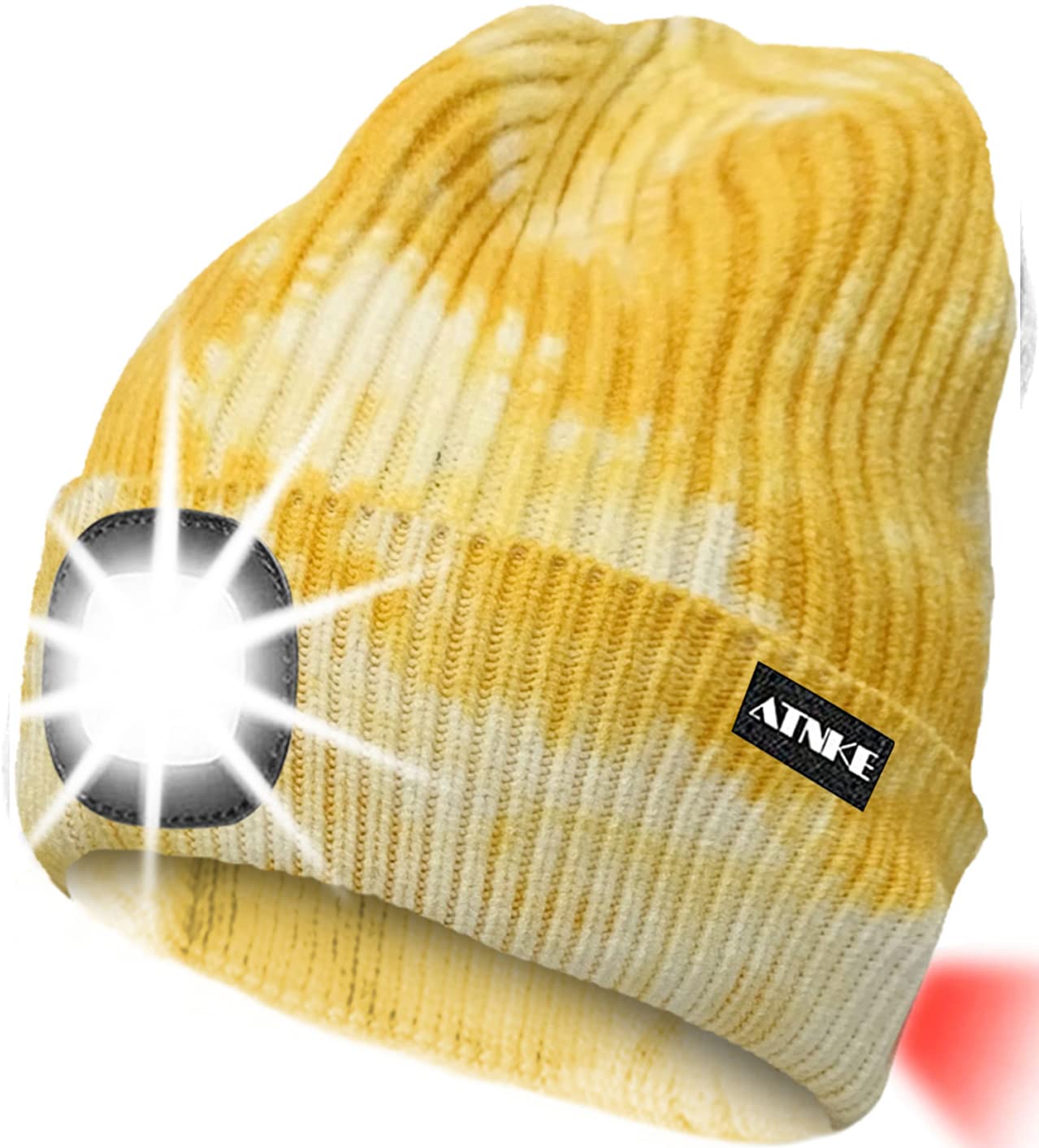 ATNKE 8LED Lighted Knit Hat,USB Rechargeable Running Headlamp Cap Ultra Bright Waterproof Light Lamp and Flashing Alarm Red Tail Light Multi-Color (Tie Dye Yellow)