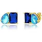 14K Gold Plated September Birthstone Two Tone Stud Earrings for Women with Secure Pushbacks, Sapphire Color Earrings
