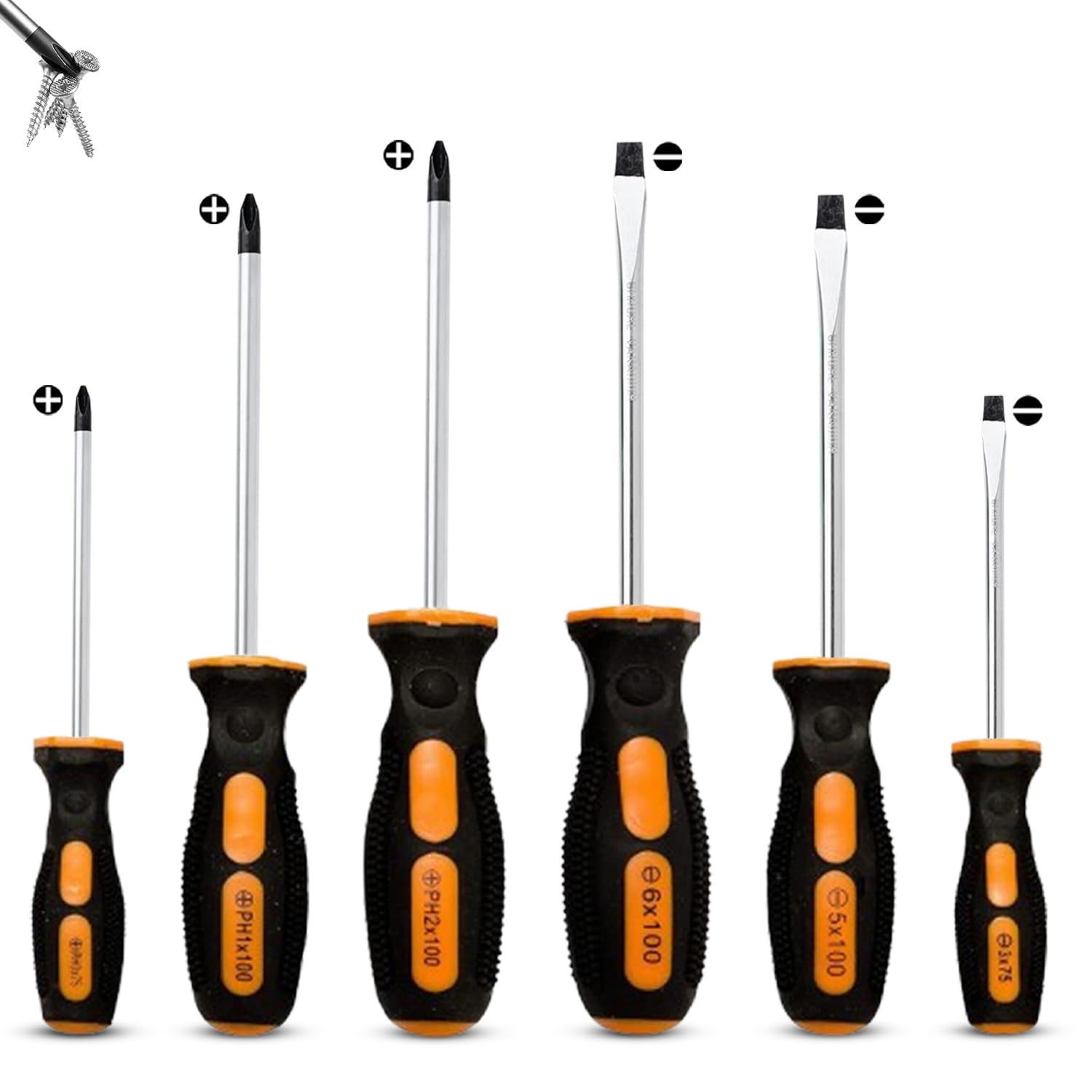 Brackit 6-Piece Screwdriver Set– 3 Flat Head & 3 Philips Head – Chrome Vanadium Steel, Non-Slip Grip, Durable Hand Tools in Case – Magnetic Screwdriver Set for Electricians & Home Improvement
