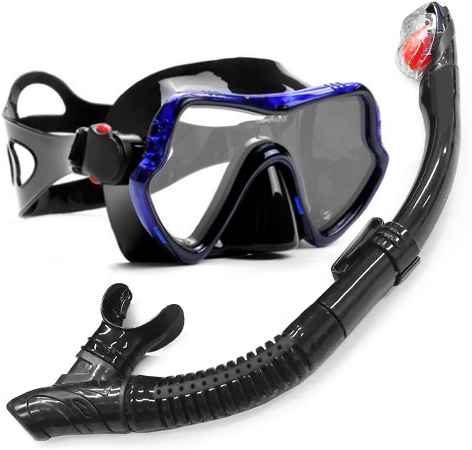 YFX Create Scuba Diving Snorkeling Freediving Mask Snorkel Set (Black Blue Goggles + Black Snorkel)