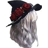 Black Witch Hat Halloween Party Costume Women Girls Big Bow Rose Headband Wicked Wizard Hat Large Brim Witch Cosplay Sun Hat