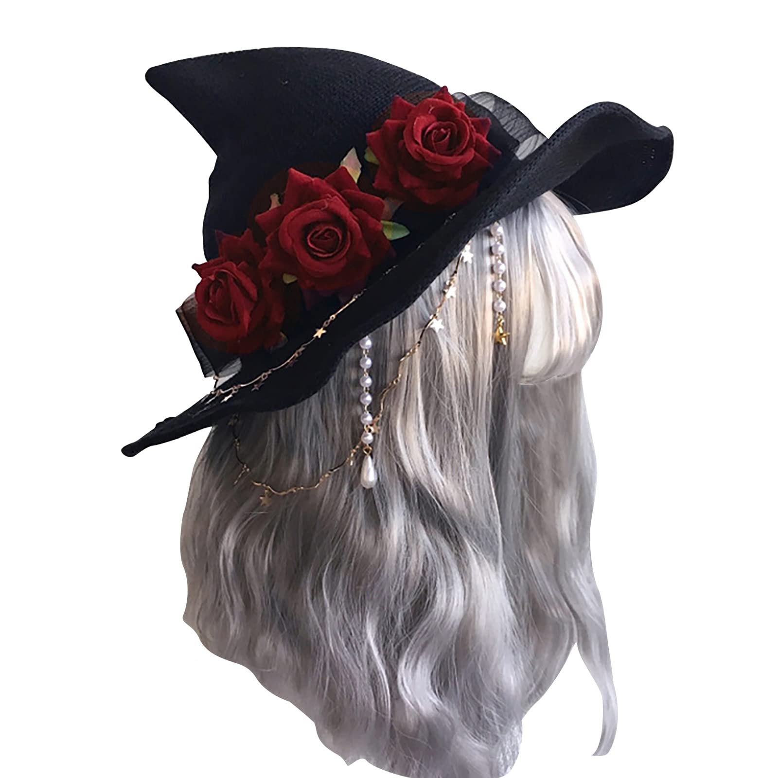 NICEYEA Halloween Witch Hats for Women Wide Brim Foldable Rose Big Bow Black Pointed Wizard Hat Halloween Party Decor Cosplay Costume Fancy Dress Accessory