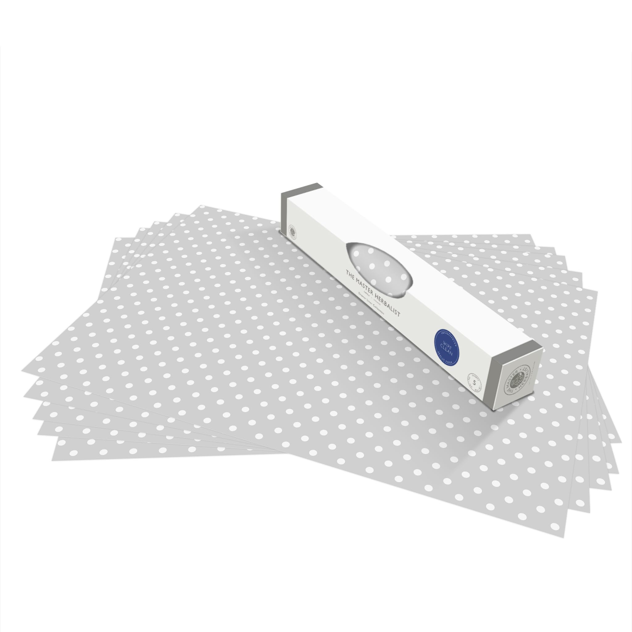 The Master Herbalist Unscented & Wipe Clean Drawer Liners in a Soft Grey Polka Dot Design - Perfect for Kitchen Drawers, Shelves, Cupboards & Cabinets