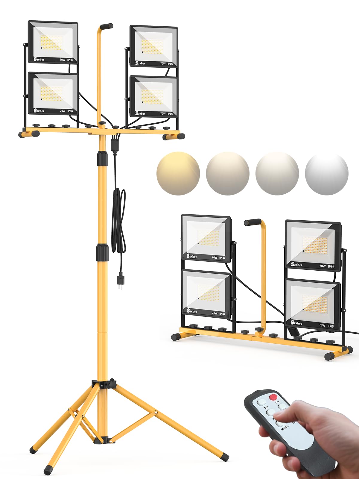 Photo 1 of Szwbee 32000 Lumen LED Work Light with Stand & Remote, 4-Head 280W Portable Tripod Light with 16.5FT Cord, 3000K–6000K Adjustable, Waterproof Light for Indoor & Outdoor Job Site Workshop Construction