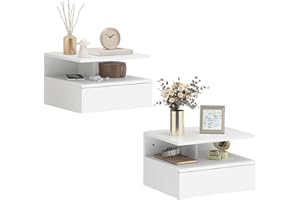 HOMCOM Floating Nightstand Set of 2, Wall Mounted Bedside Table with Drawer and Open Shelf, Space-Saving Night Stand for Bedr