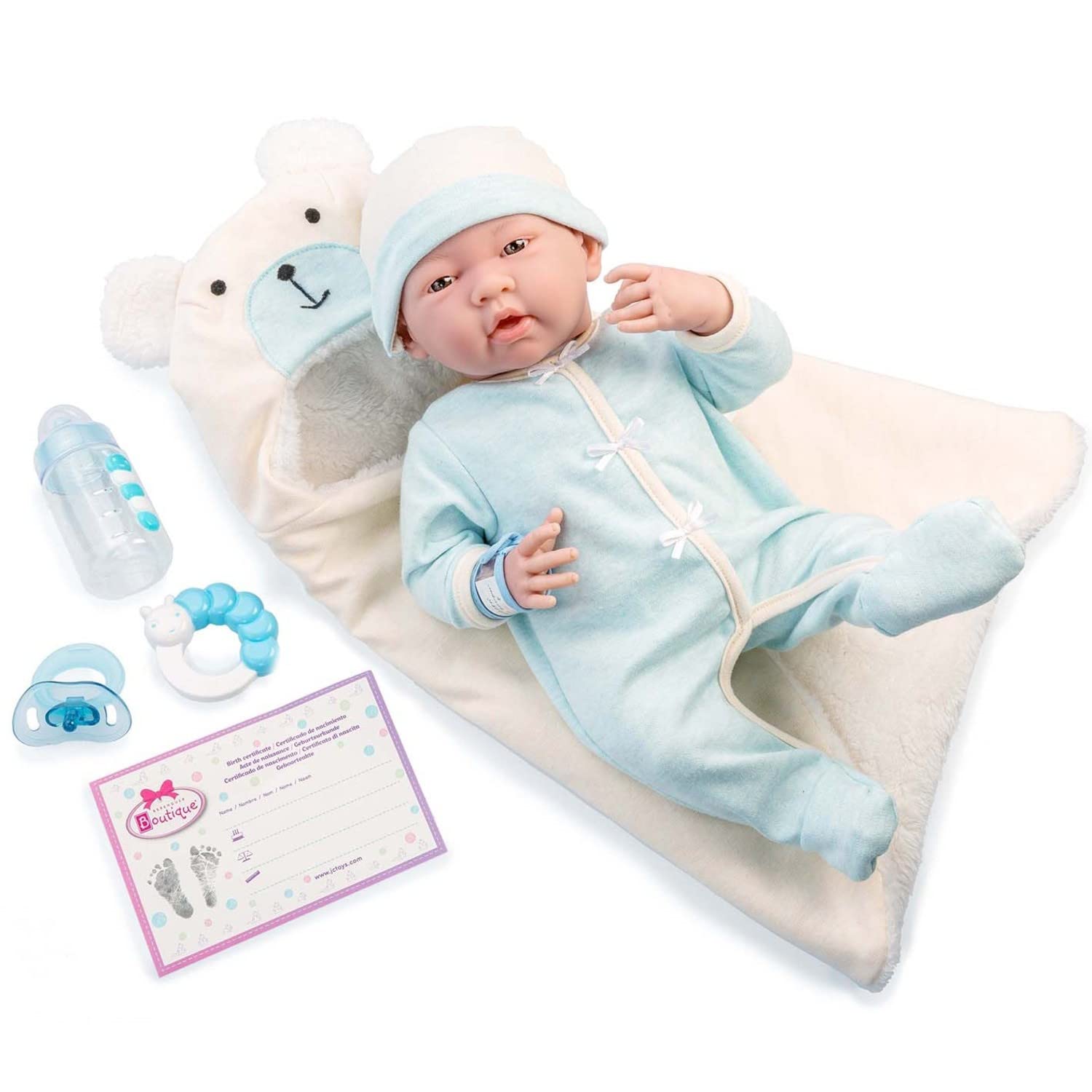 JC Toys - La Newborn 38 cm Newborn Doll, Soft Body, Includes Romper, Soft Bear Blanket with Hood and 4 Accessories, Blue, Designed in Spain by Berenguer, +2 years