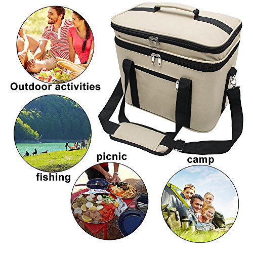 Fanmaous Lunch Box Insulated Lunch Bag Large Cooler Tote Bag Drinks Bottle Box Thermal Lunch Bags for Adult Men Women Car Picnic Camping Family ,Double Deck Cooler(18L/Khaki)