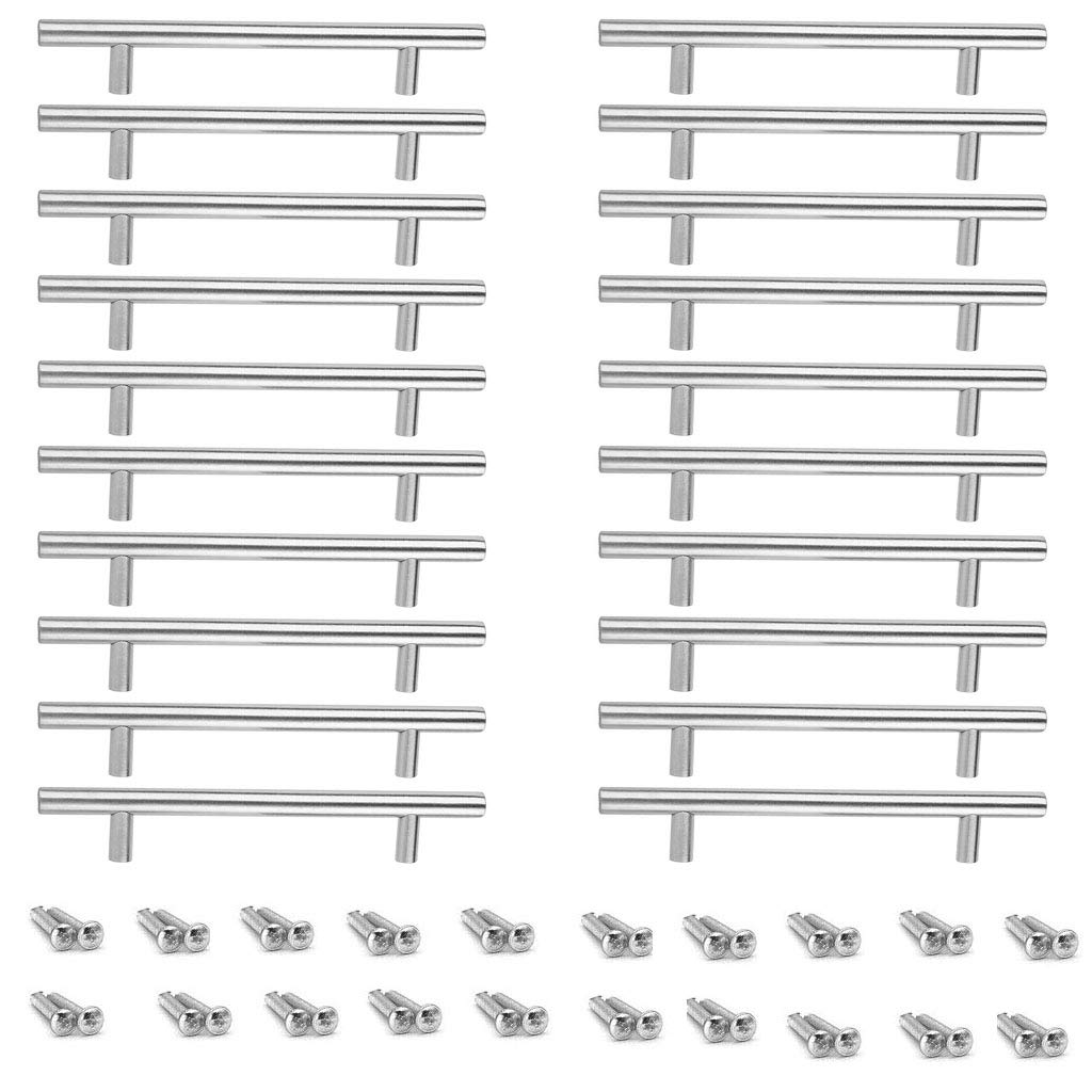 Hollylife Pack 20 Stainless Steel T bar Handle Kitchen Handles Cup Board Cabinet Drawer Pulls Furniture Wardrobe Brushed Nickel Door Knobs with 40 Screws (200mm Long / 130mm Hole Centres) Reusable