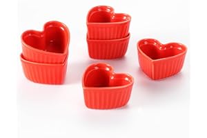Ramekins 2 oz, Vidalenta Dipping Sauce Cups, Heart-shaped Tiny Ramekins Dip Bowl Porcelain Souffle Dish Set of 6, Small Ramekins Dessert Cups for Charcuterie Board, Microwave & Oven Safe（Red）