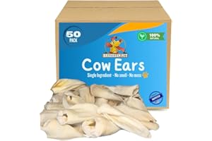 Brazilian Pet 100% Natural Real Cow Ears (50 Pack) Prime Dog Chews, Over 5 inches Free Range Grass Fed Cattle, No additives, Chemicals or Hormones