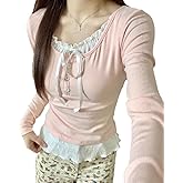Y2K Coquette Shirts Girly Lace Patchwork Tight Crop Tops Women Fairycore Aesthetic Baby Tee Bow Tie Cutecore Clothes