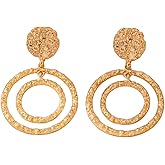 Double Round Hoop Earrings for Women Hammered Large Circle Dangle Earrings Gold Plated Textured Drop Dangle Earring Trendy Jewelry Gift