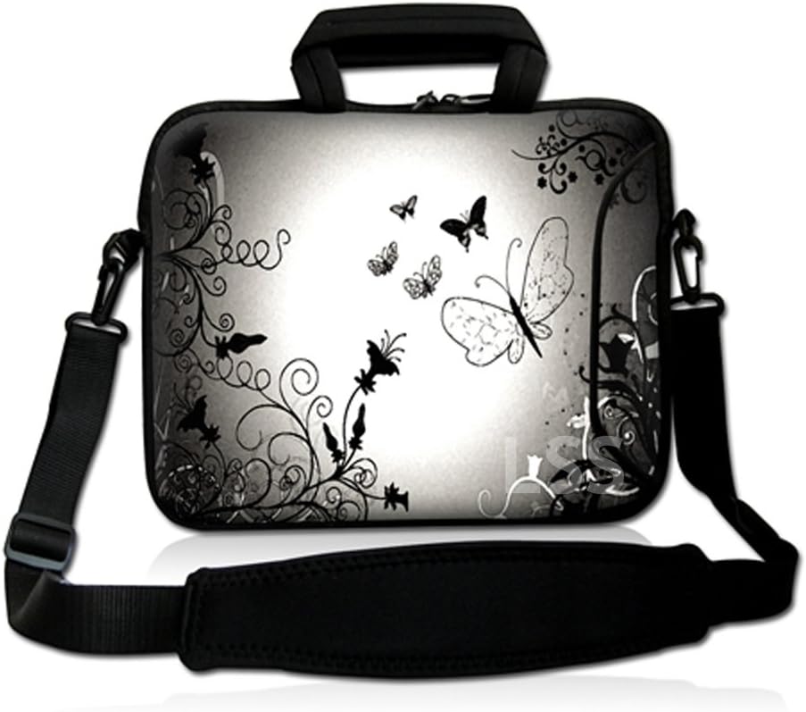LSS 13.3 inch Laptop Sleeve Bag Notebook with Extra Side Pocket, Soft Carrying Handle & Removable Shoulder Strap for 12" 12.1" 13" 13.3" Apple MacBook Air, GW, Acer, Aspire Asus, Dell, HP, Sony, Toshiba, Samsung - Dark Contrast Fade Butterfly