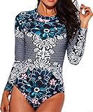 Funnygirl Womens Rashguard Long Sleeve Zip UV Protection Print Surfing Swimsuit Swimwear Bathing Suits, Peacock Green, L(US:10-12)