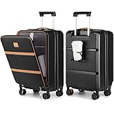 Joyway Carry on Luggage Airline Approved with Front Pocket, Hardside 20 Inch Travel Luggages with Cup Holder, Carry-on Suitcase with Spinner Wheels for Men and Women (Black, 20 Inch)