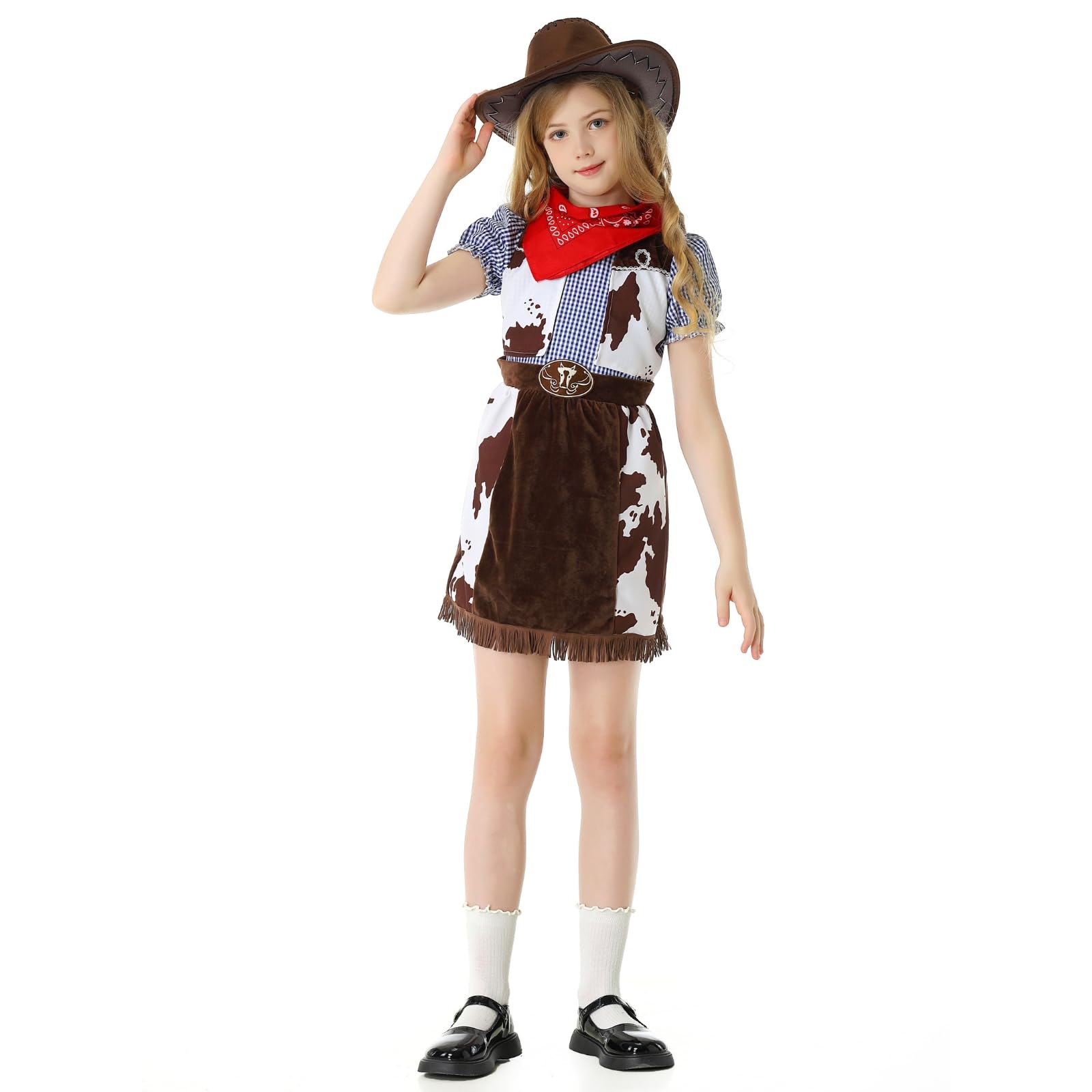 maxToonrain Cowgirl Costume for Girls Funny Holiday Princess Halloween Christmas Party Cowgirl Fancy Dress Outfit (Brown Vest and Blue Grid, 5-6 Years) — image 1
