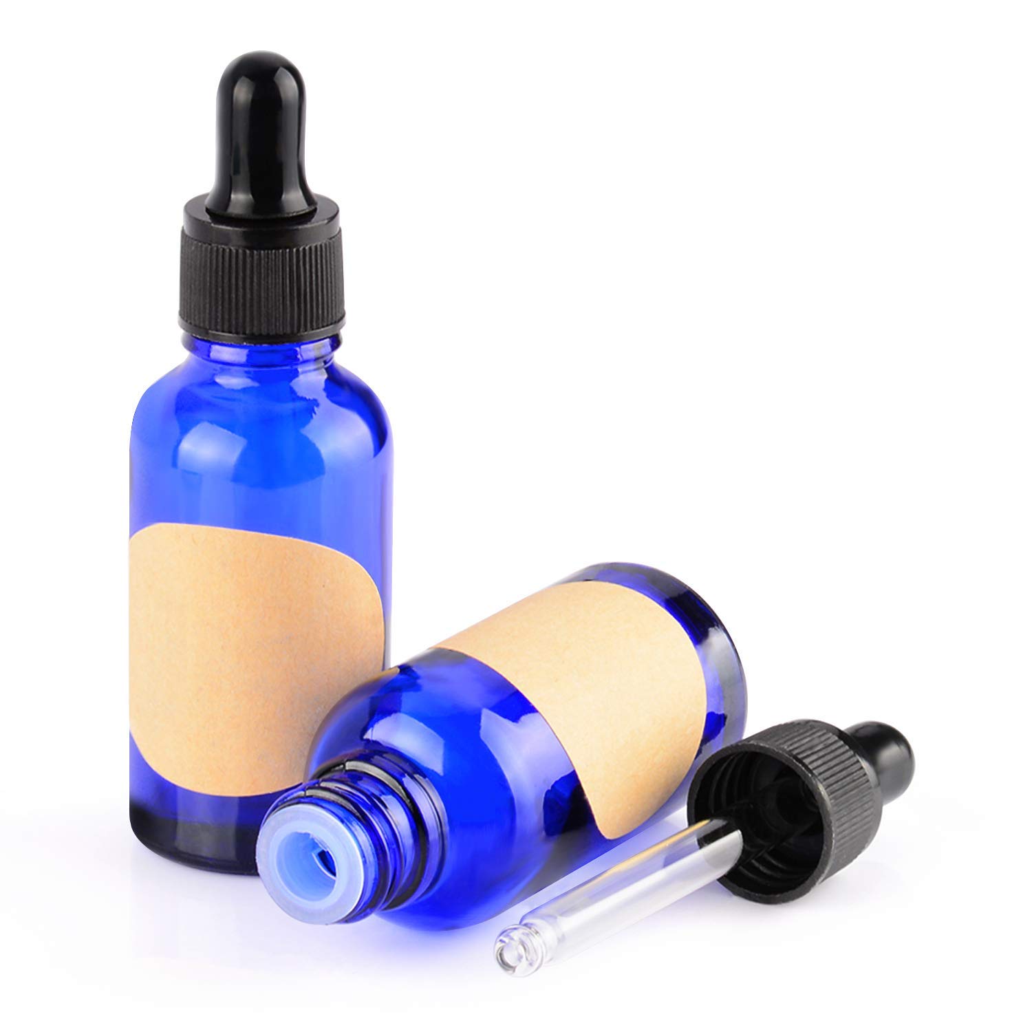 stonylab 30 ml 2-Pack Glass Dropper Bottle, Blue Empty Bottle with Glass Dropper, Inner Plug and Label for Laboratory Solutions