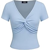 CIDER Womens Front Knotted V-Neck Blouse T Shirt Short Sleeve Tops Summer Solid Tees