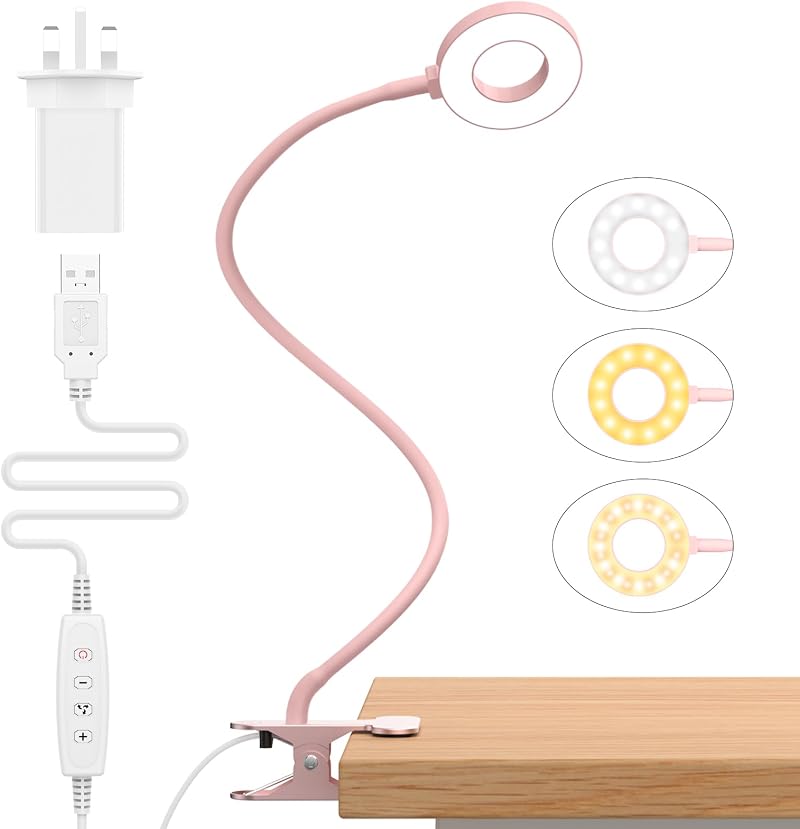 iZELL LED Desk Lamp Clip on with 3 Colour Modes 10 Brightness