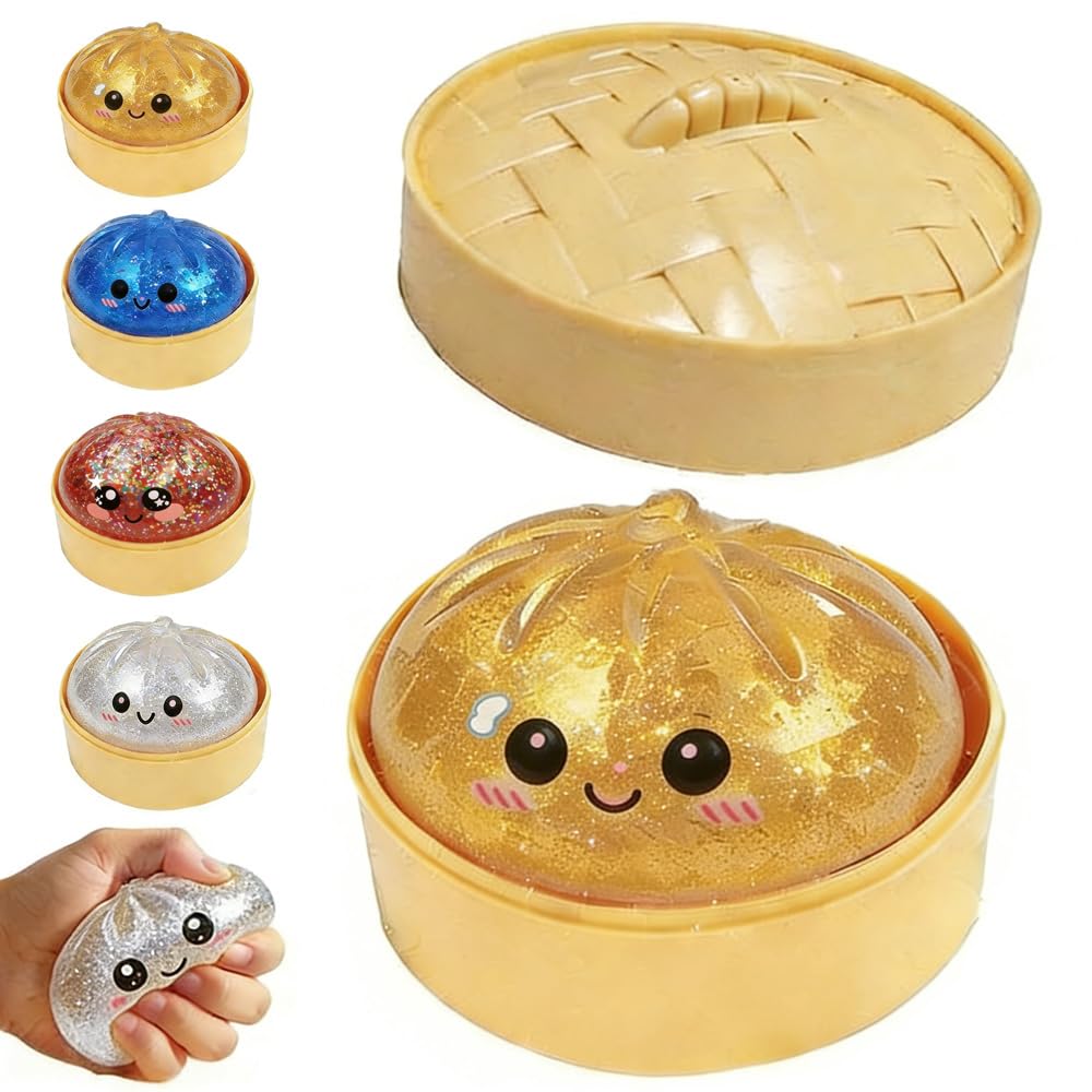 Dumpling Squishy, 2026 New Bun Squeeze Stress Relief Ball with Steamer Box for Stress Relief (Yellow)
