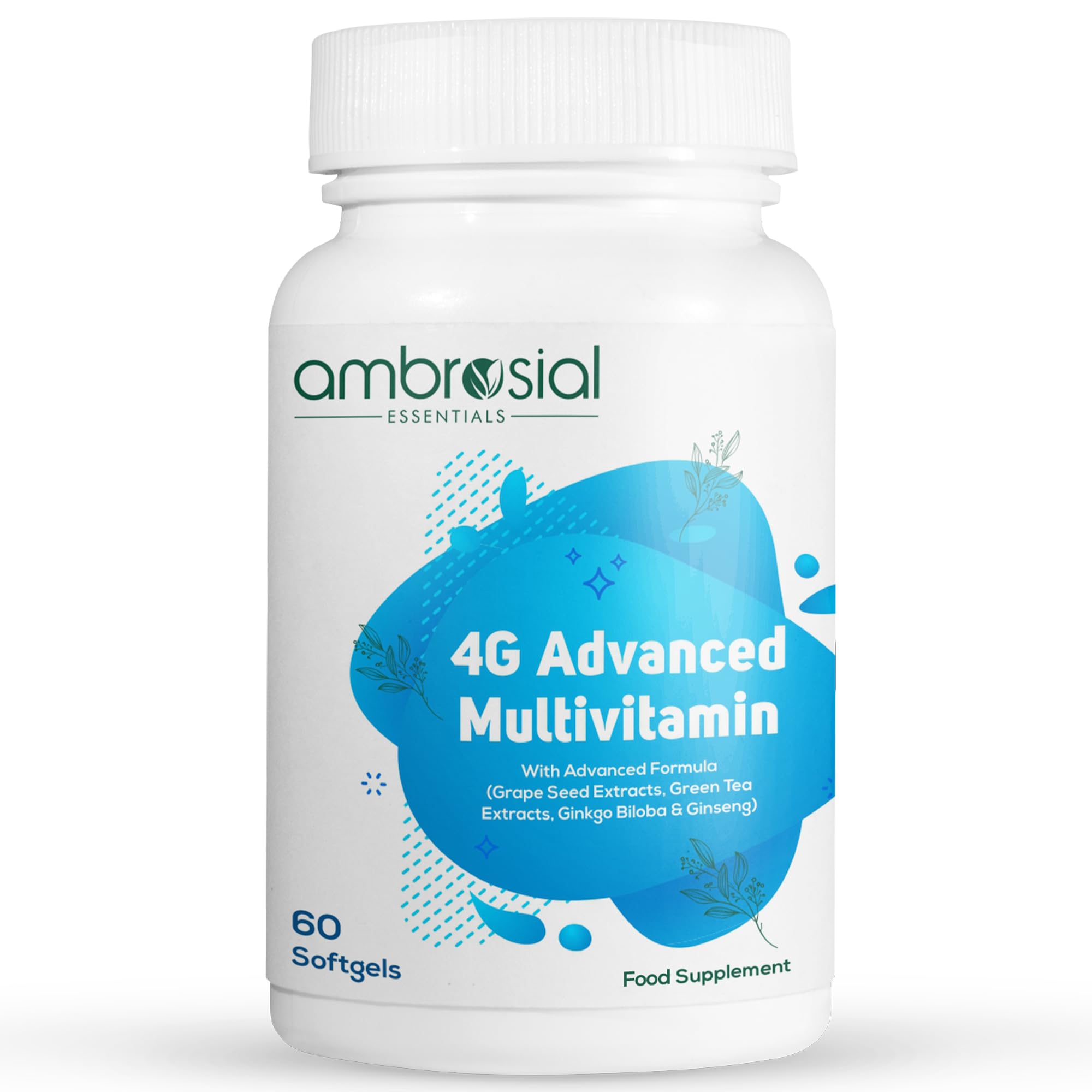 Ambrosial Multivitamin Tablets for Women & Men | High Strength 45 Essential Active Vitamins & Minerals | 4G Advanced Formula with Ginseng, Green Tea, Grape Seed & Ginkgo Biloba | 60 Softgels