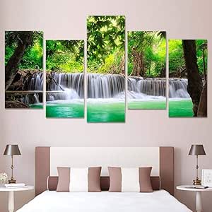 BHJIO Modern Canvas Painting 5 Piezas Paisaje De Árbol De Cascada Verde