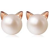 Wicary Cat Earrings Sterling Silver Pearl Earrings for Women Cat Stud Earring for Cat Lovers