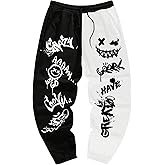 VIPWOLF Men's Y2K Sweatpants Skull Letter Print Drawstring Waist Graphic Sweatpants Jogger Pants Black Colorblock Small