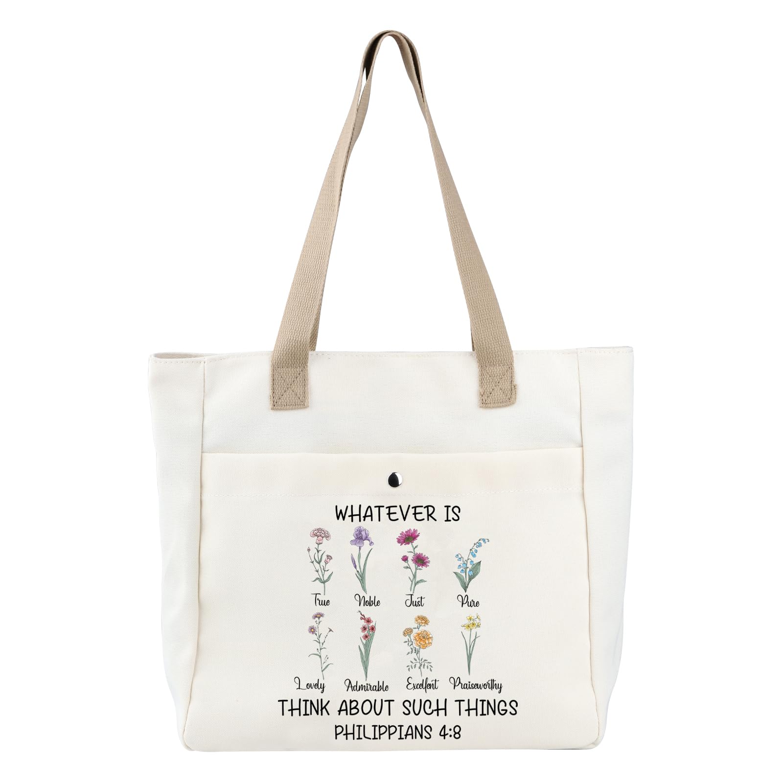 PLITI Christian Tote Bag Religious Gift Bible Verse Gift Whatever Is True Wildflower Philippians 4:8 Floral Bible Handbag (Philippians 4:8 TBU)