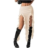 Verdusa Women's Western Asymmetrical Lace Ruffle Skirt High Slit Boho Bodycon Skirts Cowgirl Outfits