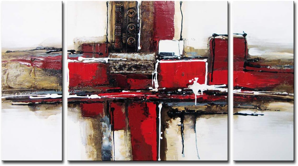 Paintings - Noah Art-Red Abstract Wall Art for Living Room Wall Decor, 100% Handmade Paintings on Canvas, 3 Piece Stretched and Framed Modern Pictures for Rooms Office Home Decor, 24