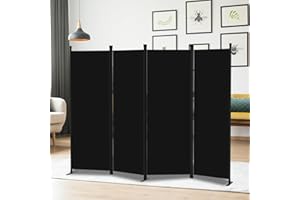GREZJXC Room Divider 4-Panel Privacy Screen with 3 Support Foot, Portable Screen Steel Frame with Hook&Loop for Home, Office, Classroom, Studio, Meeting Black