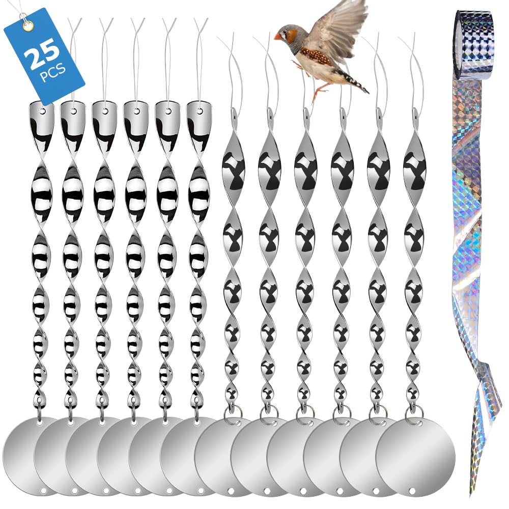 Bird Repellent Bird Scarer, 12 Pieces Wind Spiral Bird Repellent + 12 Pieces Bird Repellent Reflector Round + 50 m Bird Repellent Tape, Pigeon Scarer for Decoration for Balcony and Garden