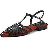 SIYAKE Women'S Strappy Pointed Closed Toe Low Chunky Heel Roman Sandals Fashion Adjustable Buckle Cut Out Cage Comfortable Flat Fisherman Sandals Casual Summer Breathable T Strap Beach Sandals