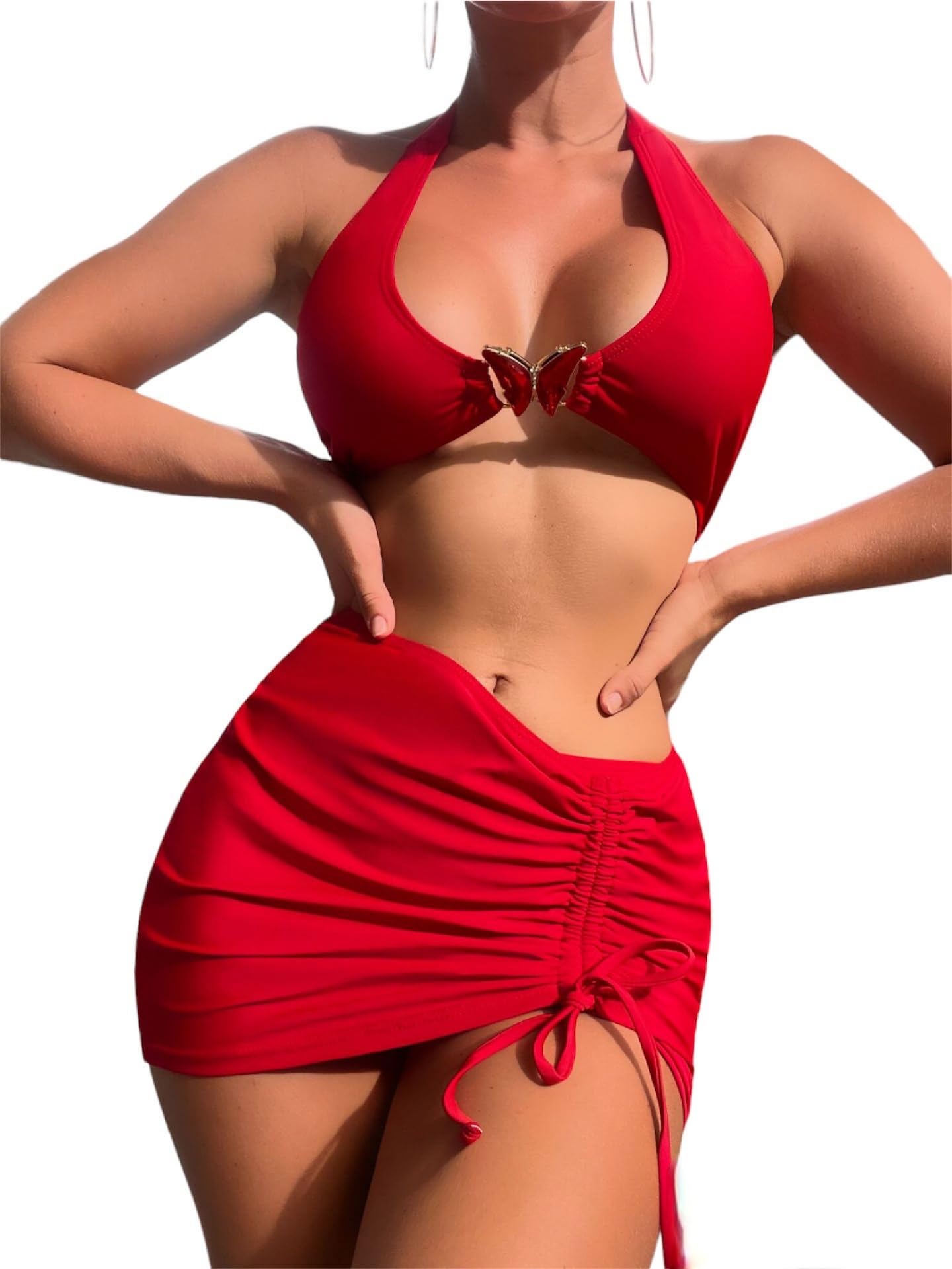 Photo 1 of Swimsuit - Women's 3 Piece Bathing Suits (Butterfly Link) Bikini Set with Cover Up Skirt - hot Sexy Trendy Butterfly Design (Large, Red)
