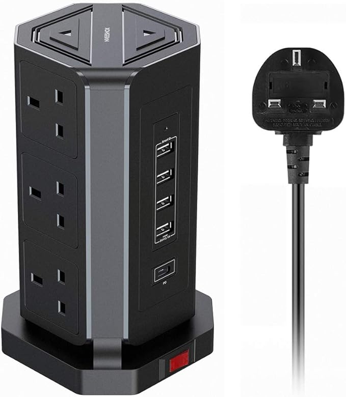NVEESHOX Extension Lead Tower 9 AC Outlets 4 USB Ports 1 TypeC USB PD
