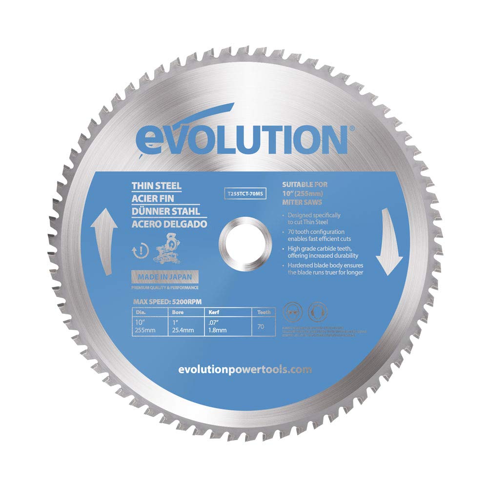Evolution Power Tools T255TCT-70MS Mitre Saw Blade - Carbide Tipped Metal Saw Blade for Cutting Thin Steel - 255 mm