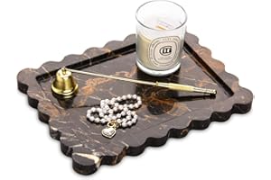 HESHIBI Scalloped Marble Decorative Tray,Luxury Natural Stone Bathroom Vanity Tray, Dresser Top Perfume Coffee Home Kitchen Toilet Sink Tray, Key Trinket Ring Tray (Black Gold, 10.8 * 8)